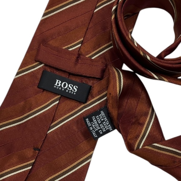 HUGO BOSS Brown Striped Silk LUXURY Tie ITALY - Picture 3 of 4